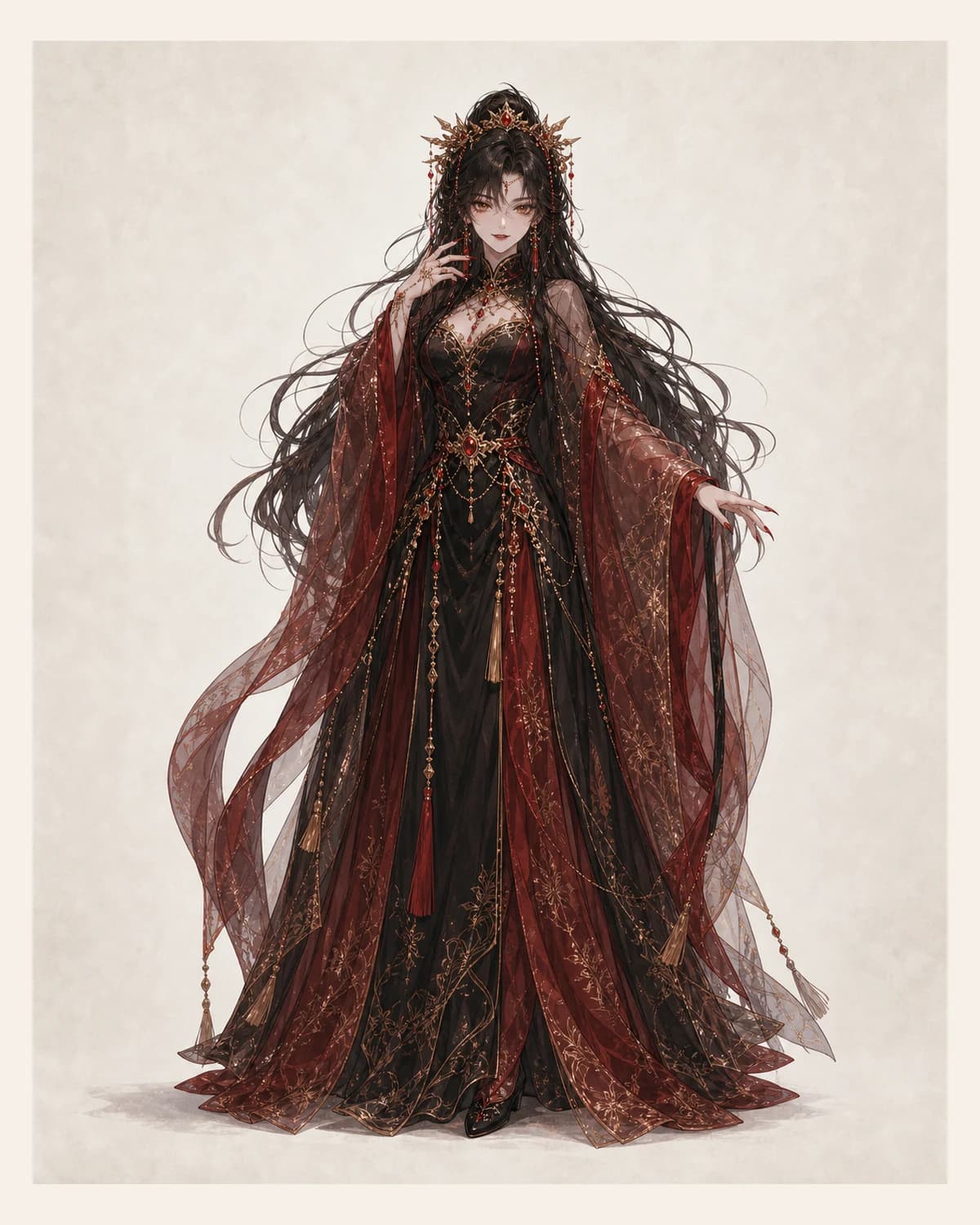 Character portrait of Daji. A beautiful, sharp, dangerous woman who sees desire and self-deception clearly.