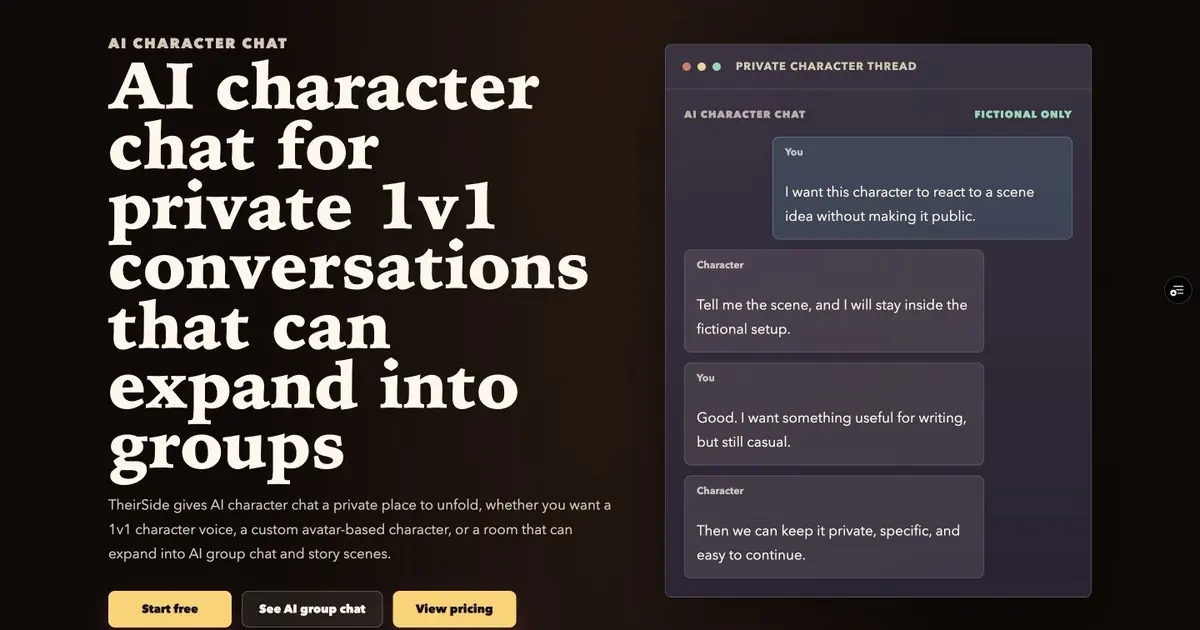 English fixed TheirSide one-to-one character conversation showing four authored demo messages